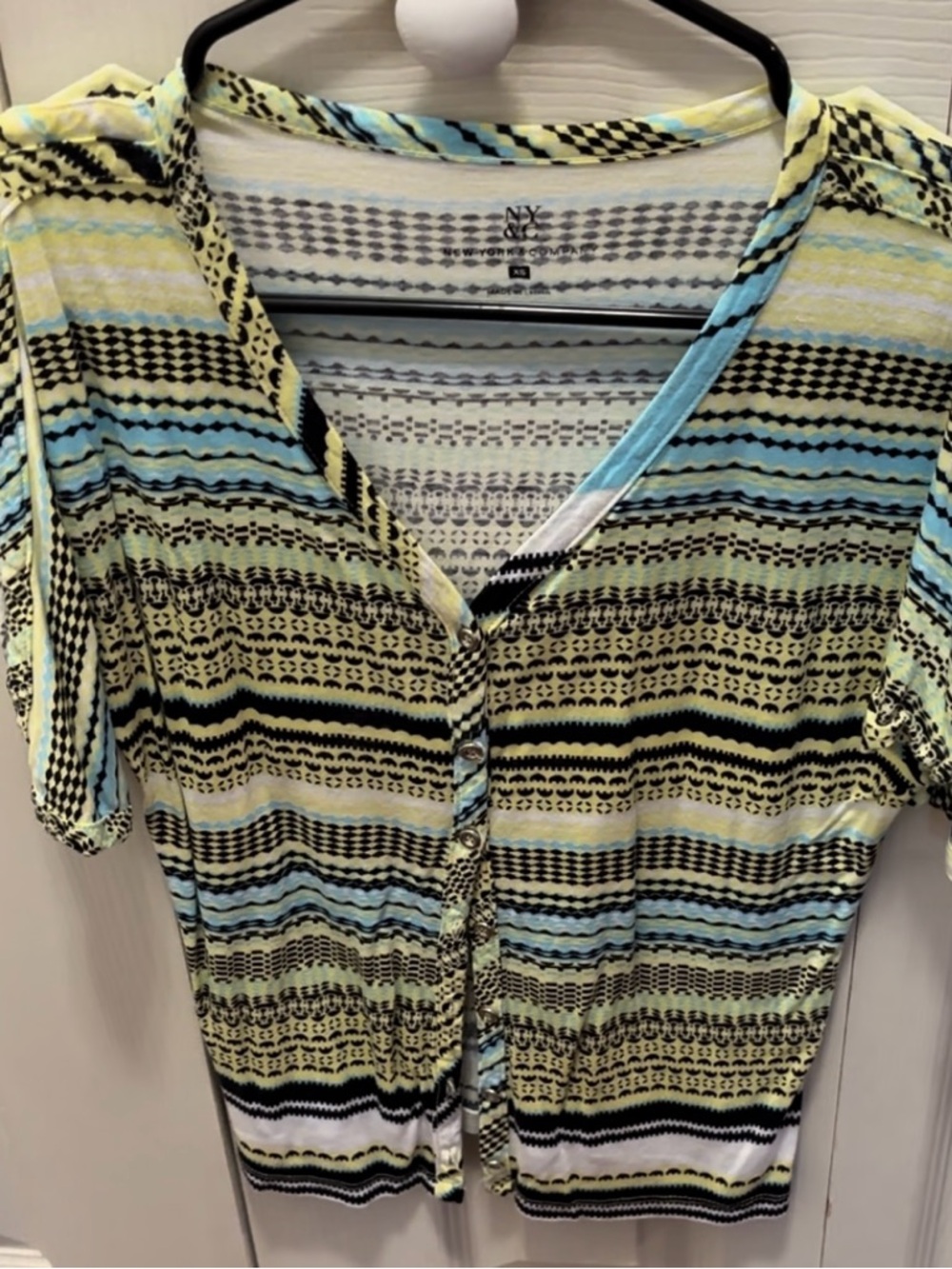 New York & Company Yellow, Blue & Black Striped Button-Front Top